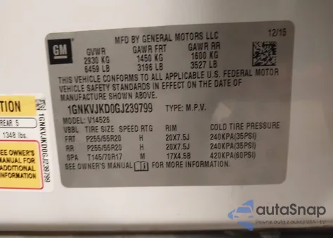 2016 Chevrolet Traverse Ltz z USA, uszkodzony, nr VIN 1GNKVJKD0GJ239799